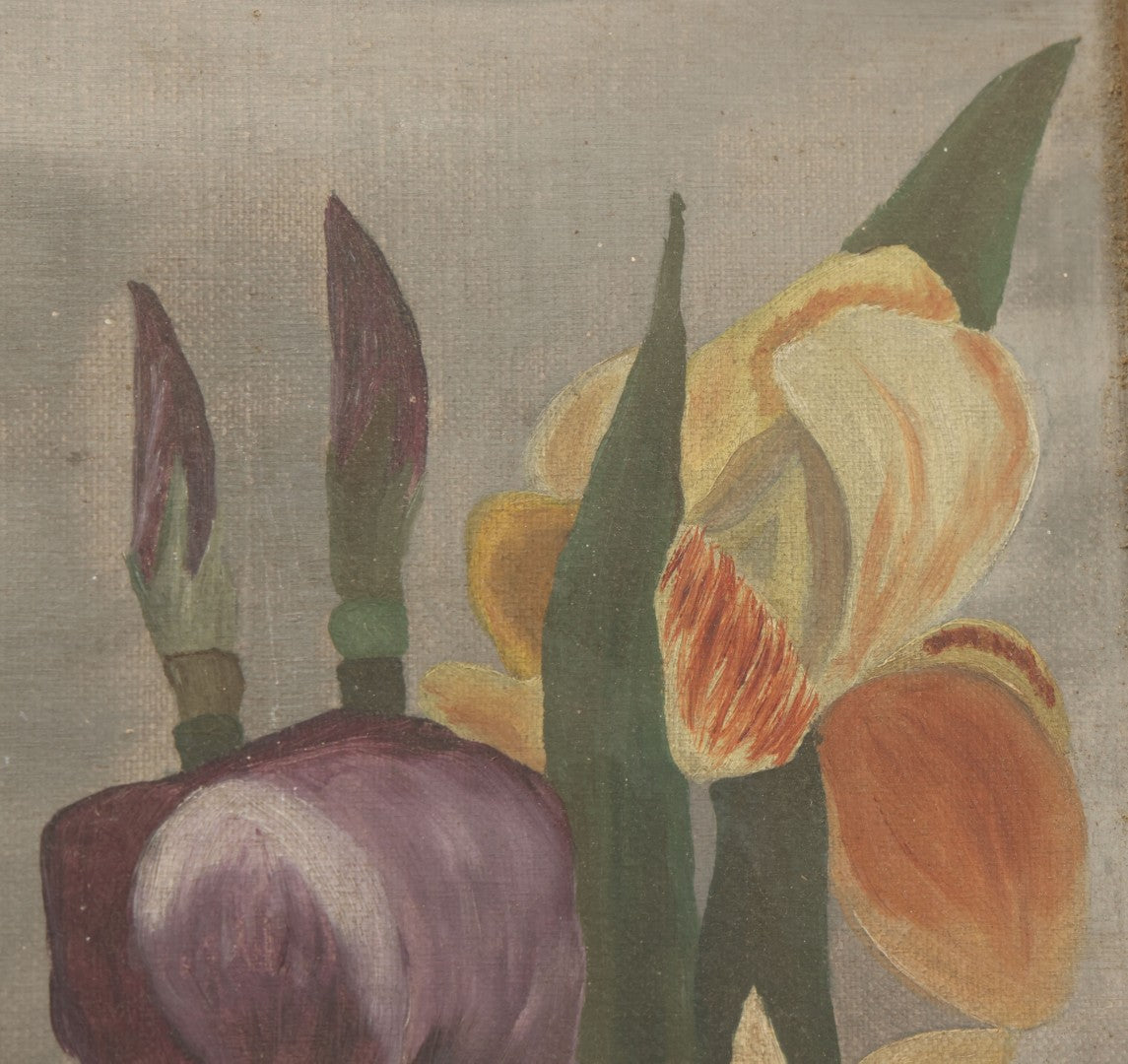 Lot 073 - Antique Oil On Canvas Painting Of Purple, Orange, And White Iris Flowers, In Badly Worn Gilt Gesso Frame, Note Wear And Tear, Circa 1880s, Overall Dimensions 16-3/4" x 22-3/4"