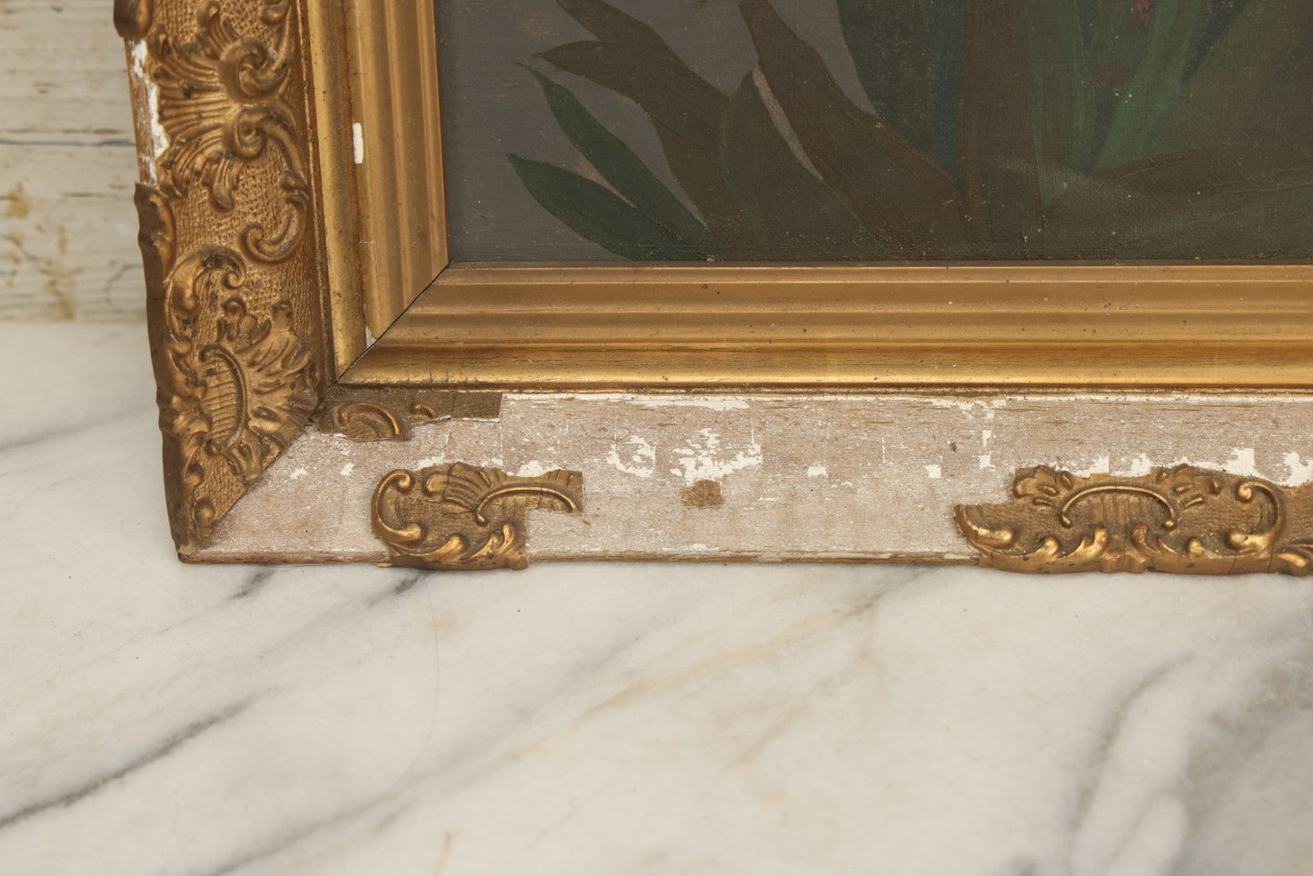 Lot 073 - Antique Oil On Canvas Painting Of Purple, Orange, And White Iris Flowers, In Badly Worn Gilt Gesso Frame, Note Wear And Tear, Circa 1880s, Overall Dimensions 16-3/4" x 22-3/4"