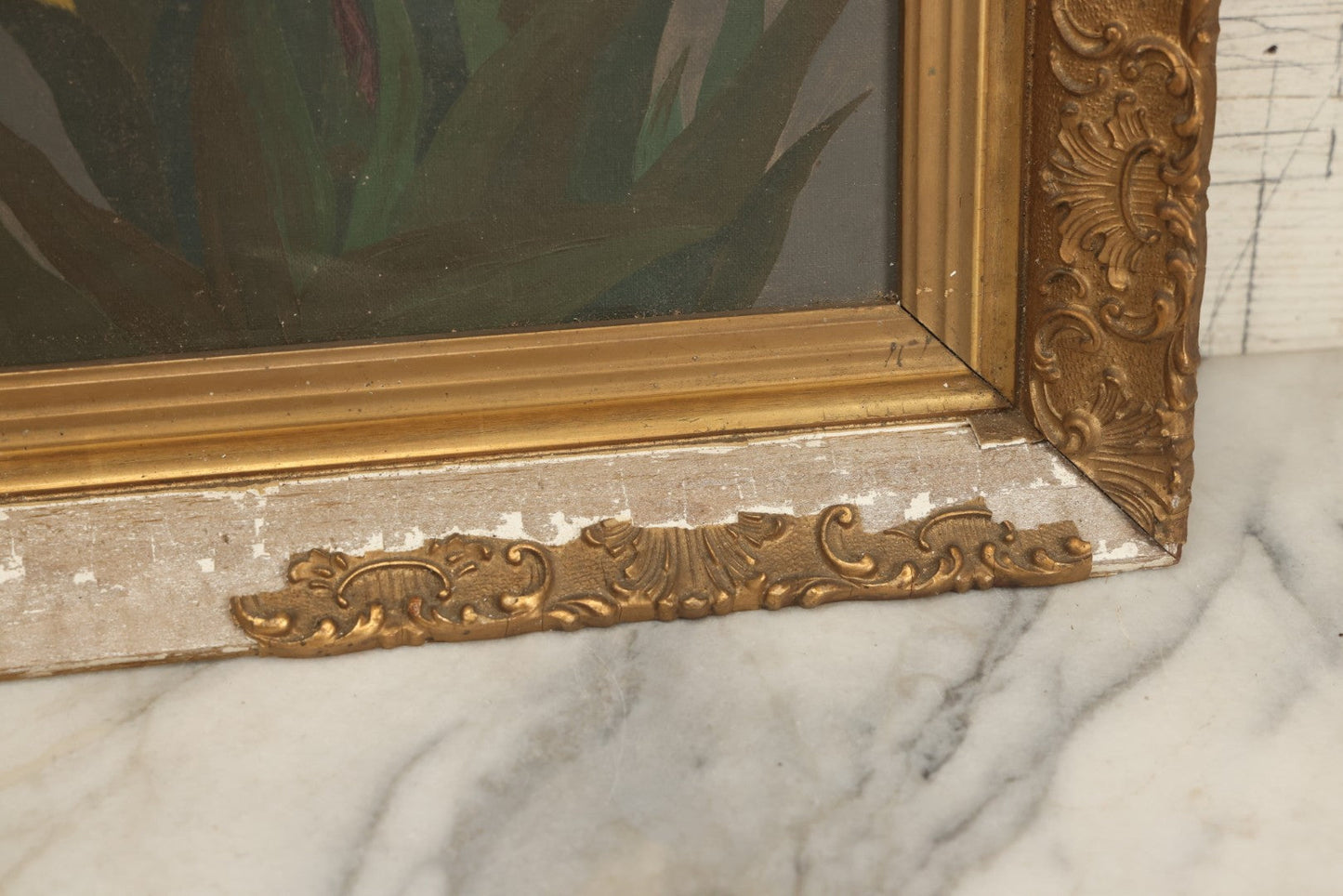 Lot 073 - Antique Oil On Canvas Painting Of Purple, Orange, And White Iris Flowers, In Badly Worn Gilt Gesso Frame, Note Wear And Tear, Circa 1880s, Overall Dimensions 16-3/4" x 22-3/4"