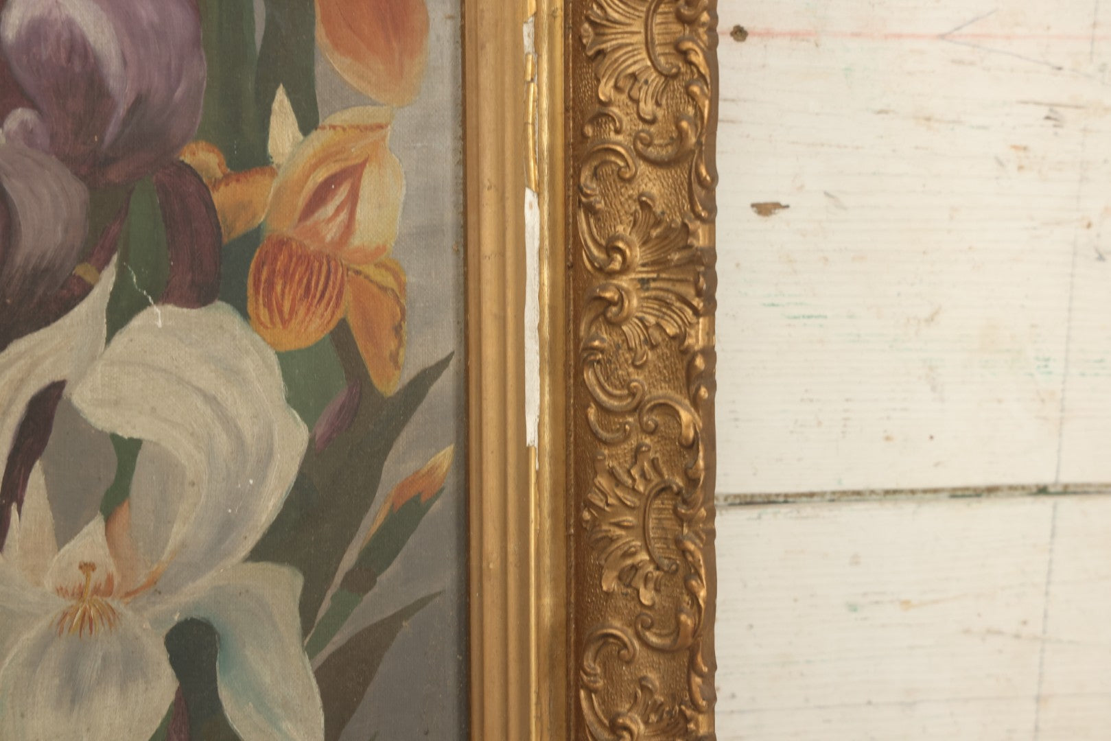Lot 073 - Antique Oil On Canvas Painting Of Purple, Orange, And White Iris Flowers, In Badly Worn Gilt Gesso Frame, Note Wear And Tear, Circa 1880s, Overall Dimensions 16-3/4" x 22-3/4"