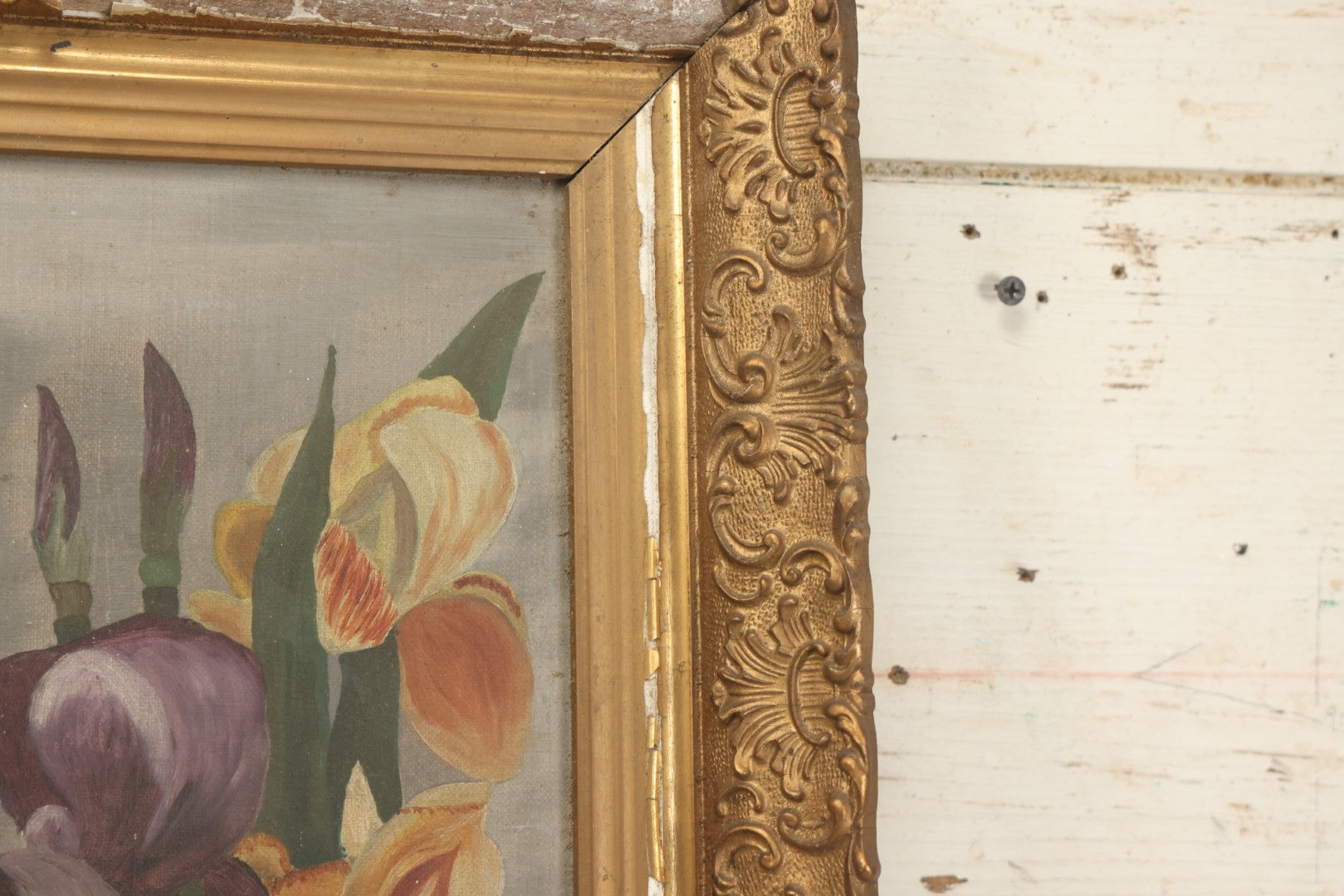 Lot 073 - Antique Oil On Canvas Painting Of Purple, Orange, And White Iris Flowers, In Badly Worn Gilt Gesso Frame, Note Wear And Tear, Circa 1880s, Overall Dimensions 16-3/4" x 22-3/4"