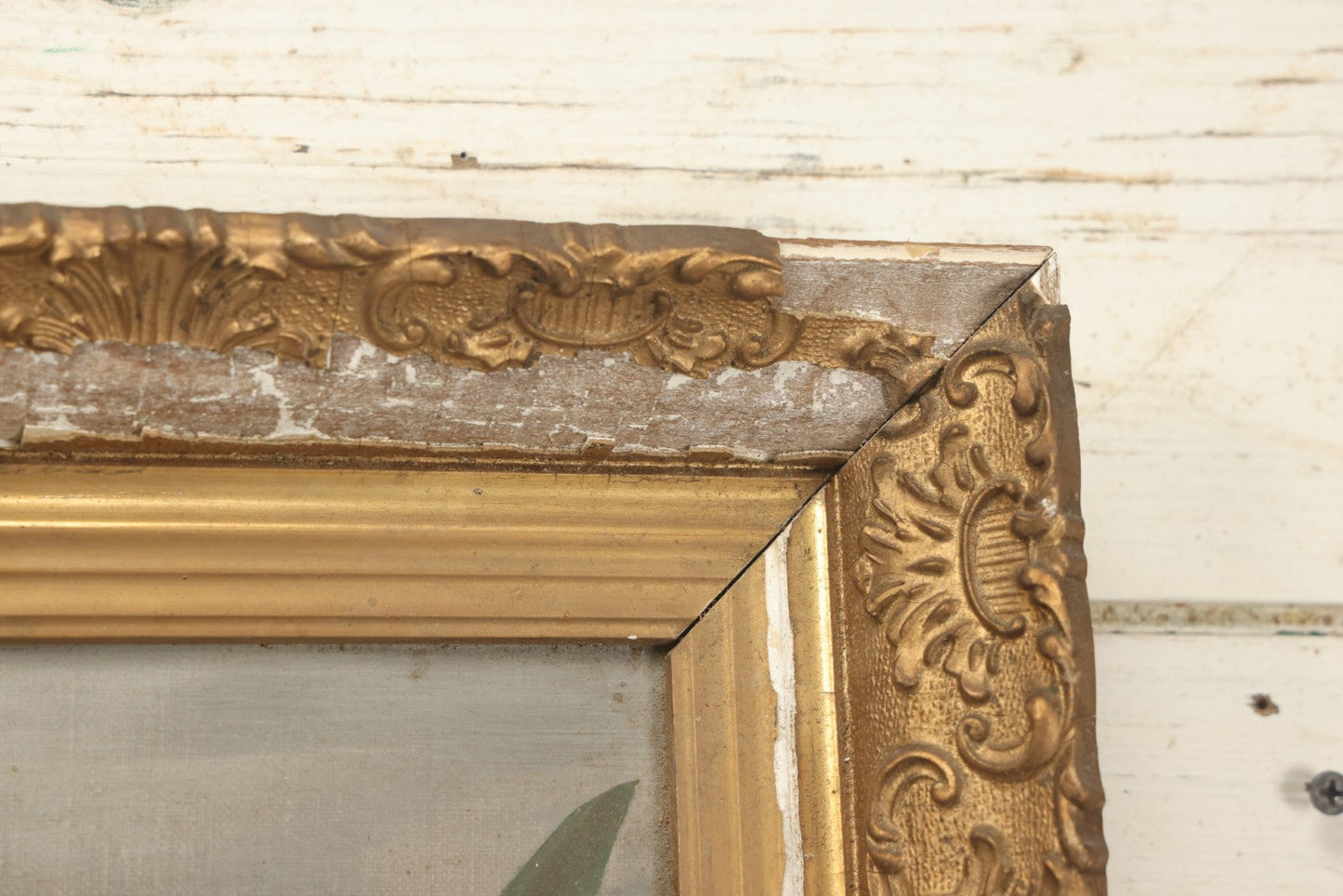 Lot 073 - Antique Oil On Canvas Painting Of Purple, Orange, And White Iris Flowers, In Badly Worn Gilt Gesso Frame, Note Wear And Tear, Circa 1880s, Overall Dimensions 16-3/4" x 22-3/4"