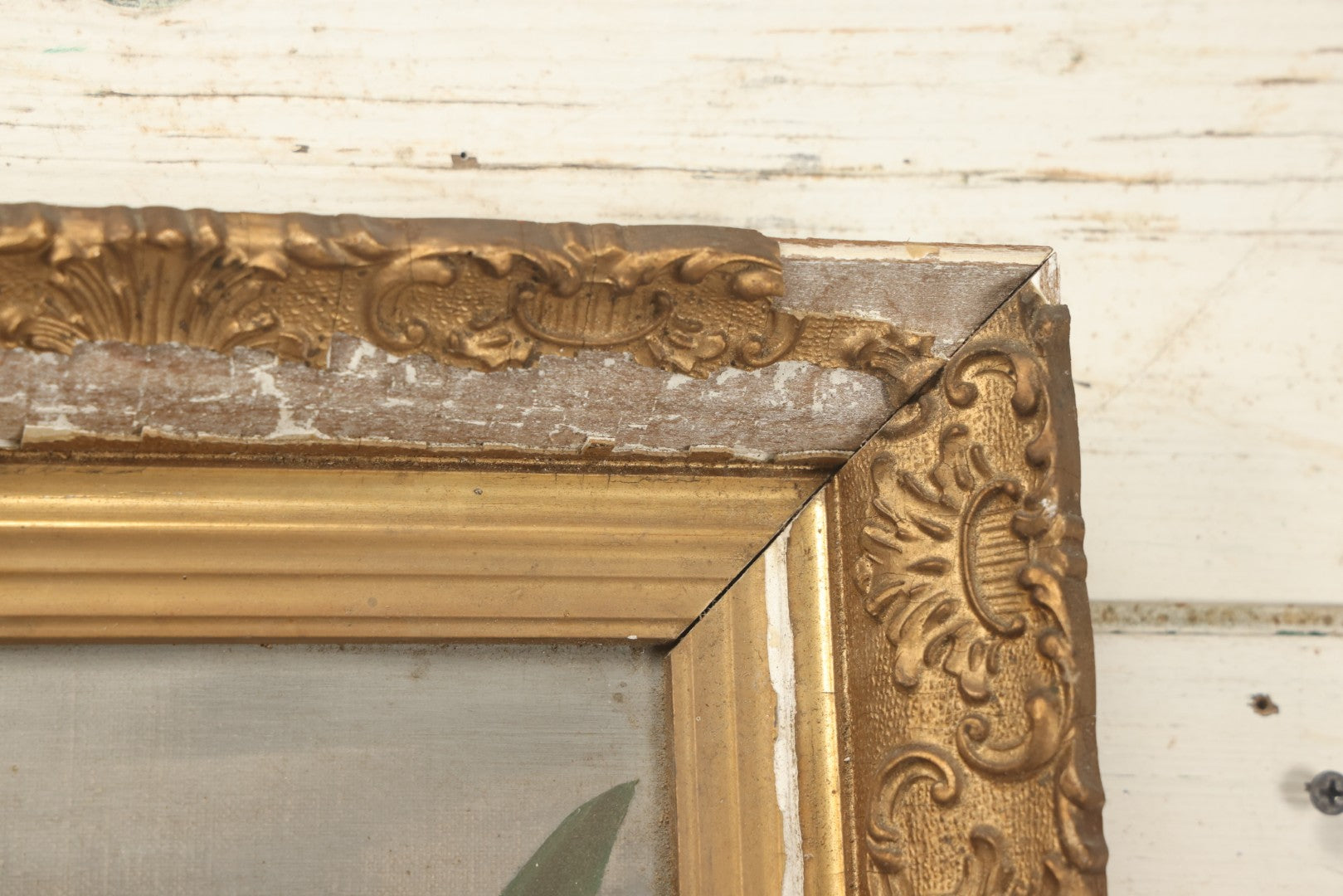 Lot 073 - Antique Oil On Canvas Painting Of Purple, Orange, And White Iris Flowers, In Badly Worn Gilt Gesso Frame, Note Wear And Tear, Circa 1880s, Overall Dimensions 16-3/4" x 22-3/4"