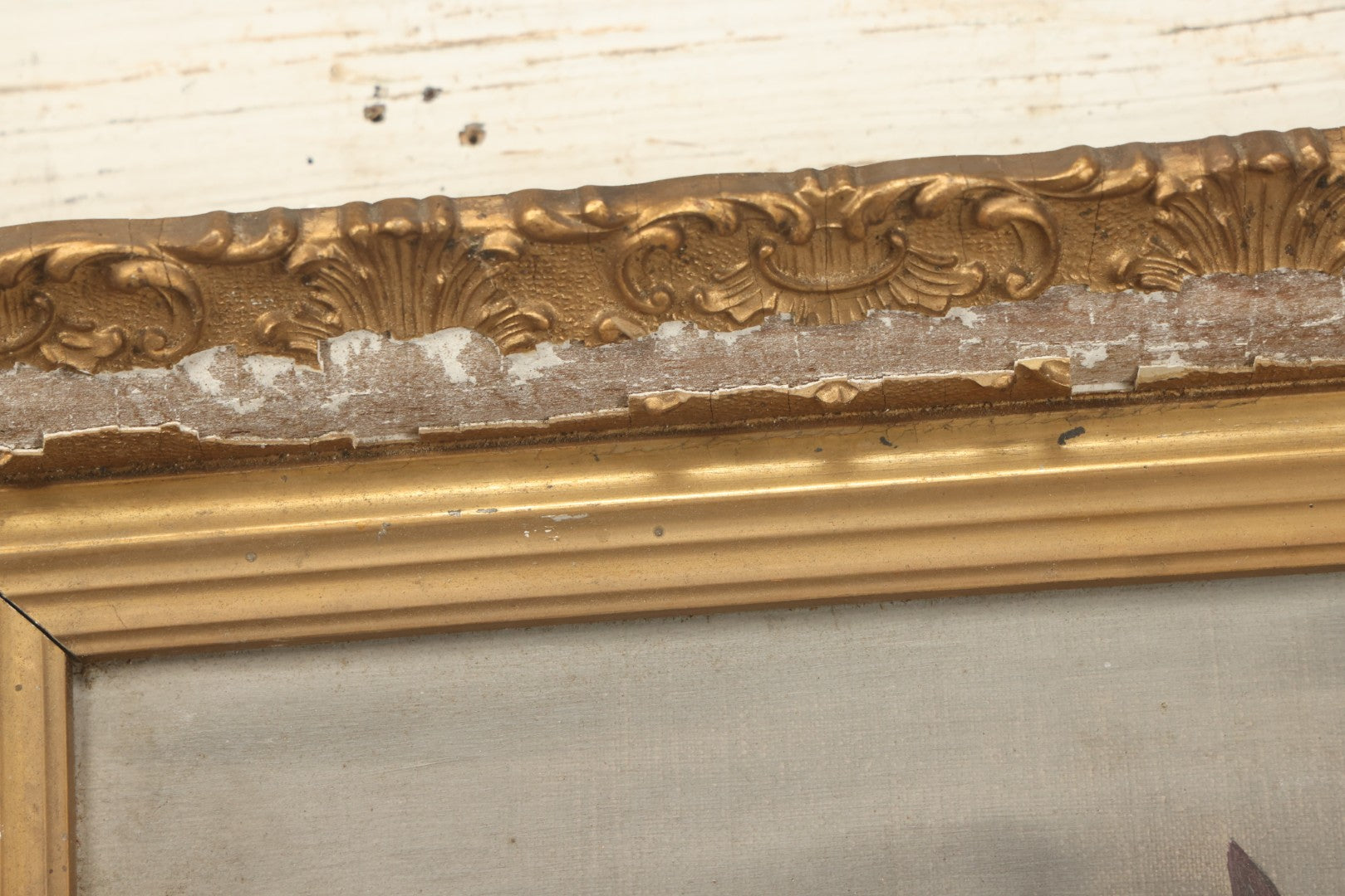 Lot 073 - Antique Oil On Canvas Painting Of Purple, Orange, And White Iris Flowers, In Badly Worn Gilt Gesso Frame, Note Wear And Tear, Circa 1880s, Overall Dimensions 16-3/4" x 22-3/4"