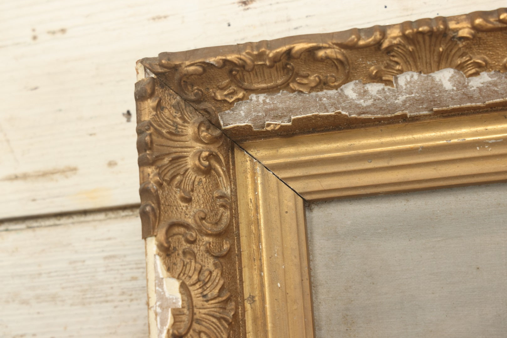 Lot 073 - Antique Oil On Canvas Painting Of Purple, Orange, And White Iris Flowers, In Badly Worn Gilt Gesso Frame, Note Wear And Tear, Circa 1880s, Overall Dimensions 16-3/4" x 22-3/4"