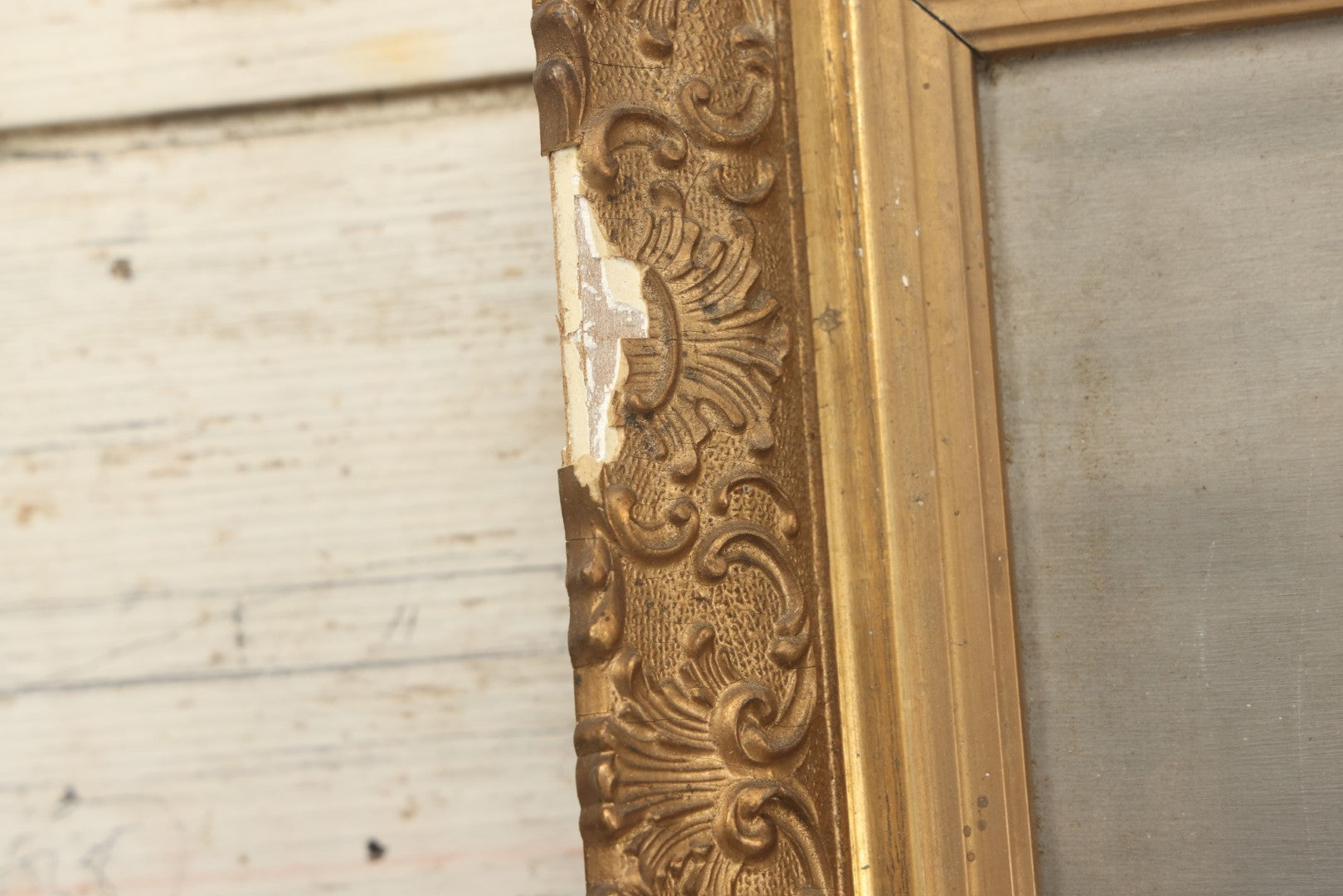 Lot 073 - Antique Oil On Canvas Painting Of Purple, Orange, And White Iris Flowers, In Badly Worn Gilt Gesso Frame, Note Wear And Tear, Circa 1880s, Overall Dimensions 16-3/4" x 22-3/4"