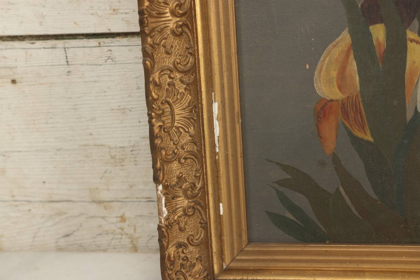 Lot 073 - Antique Oil On Canvas Painting Of Purple, Orange, And White Iris Flowers, In Badly Worn Gilt Gesso Frame, Note Wear And Tear, Circa 1880s, Overall Dimensions 16-3/4" x 22-3/4"