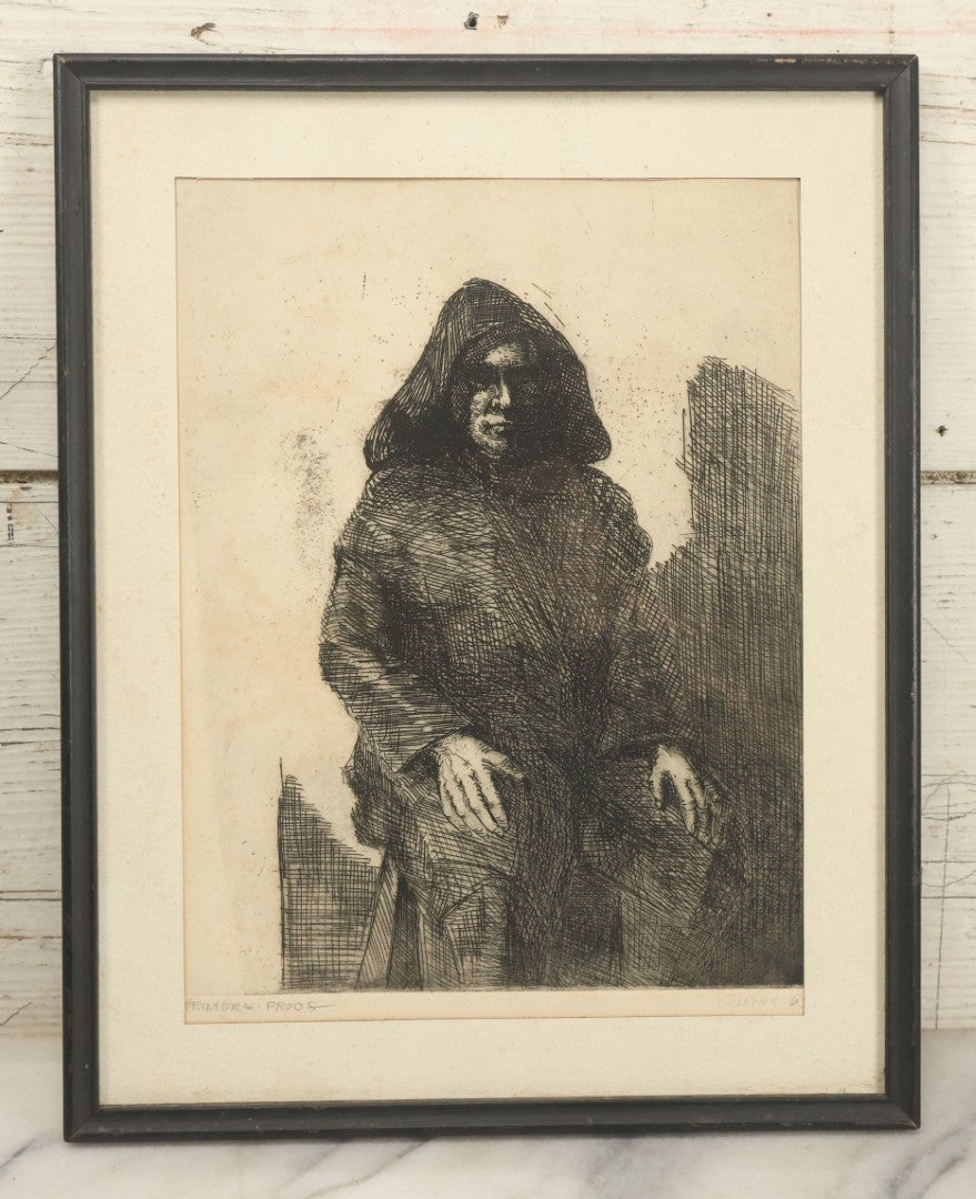 Lot 077 - Vintage Printer's Proof Etching Of A Man In A Black Robe, Artist Signed, Illegible, Circa 1960s, Overall Dimensions 11-5/8" x 14-5/8"