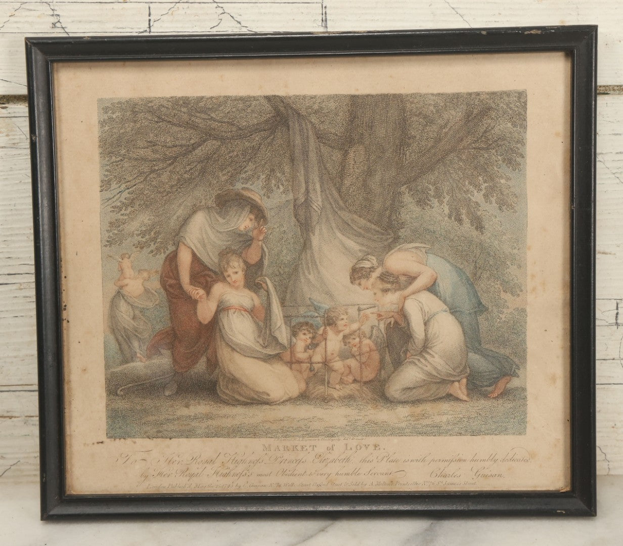Lot 079 - Antique Stipple Engraving, Titled "Market Of Love" With Goddesses Fawning Over Cherubs, By Francesco Bartolozzi, Inscribed "To Her Royal Highness Princess Elizabeth" By Charles Guisan, Sold By A. Molteno, Printseller, Dated 1795, In Frame
