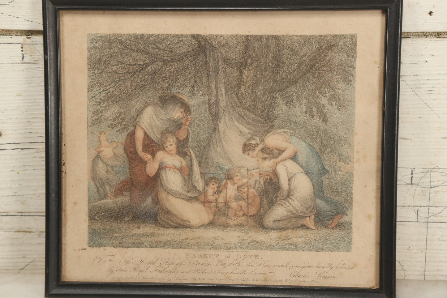 Lot 079 - Antique Stipple Engraving, Titled "Market Of Love" With Goddesses Fawning Over Cherubs, By Francesco Bartolozzi, Inscribed "To Her Royal Highness Princess Elizabeth" By Charles Guisan, Sold By A. Molteno, Printseller, Dated 1795, In Frame