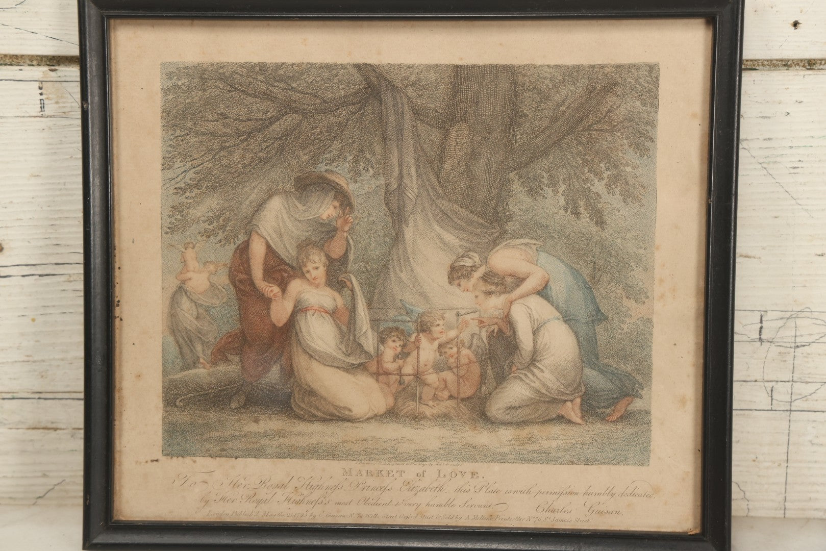 Lot 079 - Antique Stipple Engraving, Titled "Market Of Love" With Goddesses Fawning Over Cherubs, By Francesco Bartolozzi, Inscribed "To Her Royal Highness Princess Elizabeth" By Charles Guisan, Sold By A. Molteno, Printseller, Dated 1795, In Frame