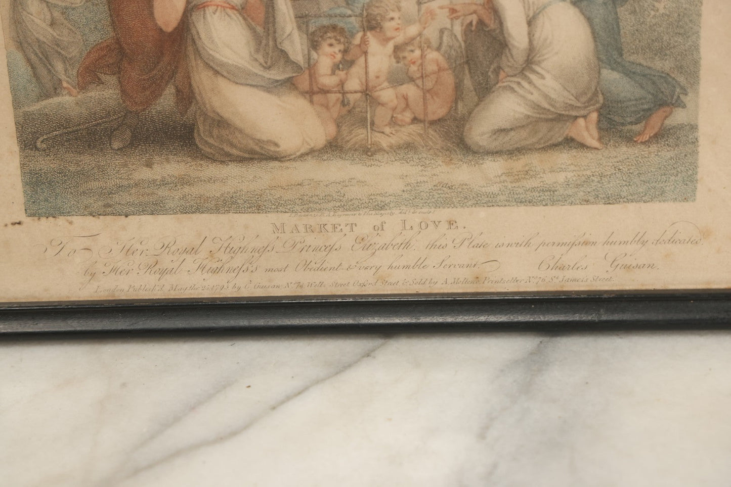 Lot 079 - Antique Stipple Engraving, Titled "Market Of Love" With Goddesses Fawning Over Cherubs, By Francesco Bartolozzi, Inscribed "To Her Royal Highness Princess Elizabeth" By Charles Guisan, Sold By A. Molteno, Printseller, Dated 1795, In Frame