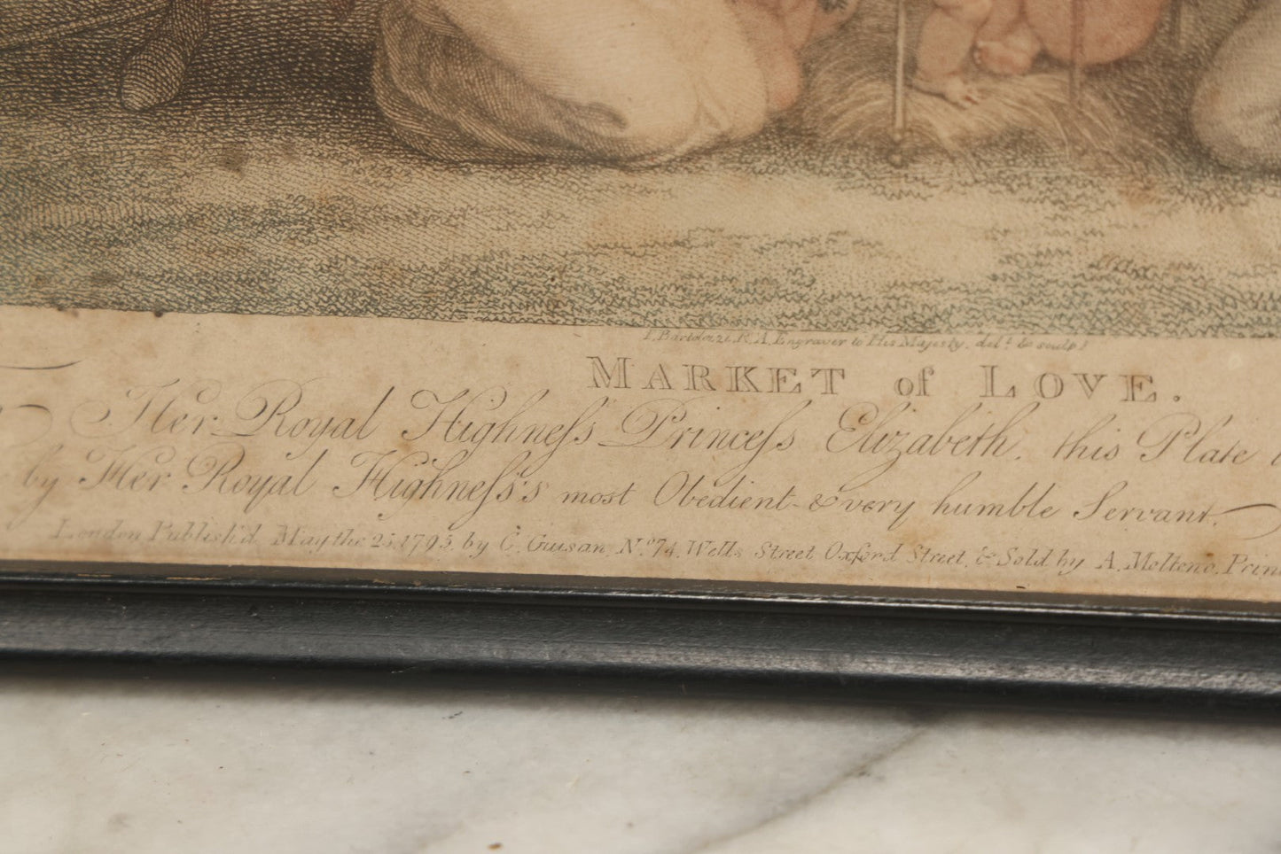 Lot 079 - Antique Stipple Engraving, Titled "Market Of Love" With Goddesses Fawning Over Cherubs, By Francesco Bartolozzi, Inscribed "To Her Royal Highness Princess Elizabeth" By Charles Guisan, Sold By A. Molteno, Printseller, Dated 1795, In Frame