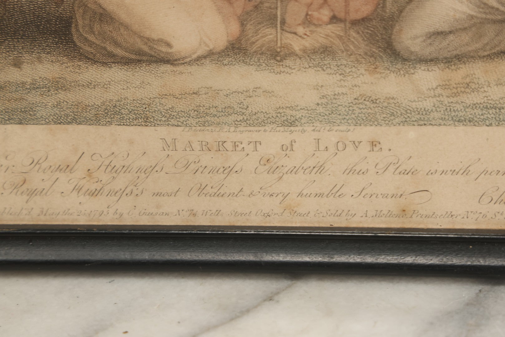 Lot 079 - Antique Stipple Engraving, Titled "Market Of Love" With Goddesses Fawning Over Cherubs, By Francesco Bartolozzi, Inscribed "To Her Royal Highness Princess Elizabeth" By Charles Guisan, Sold By A. Molteno, Printseller, Dated 1795, In Frame