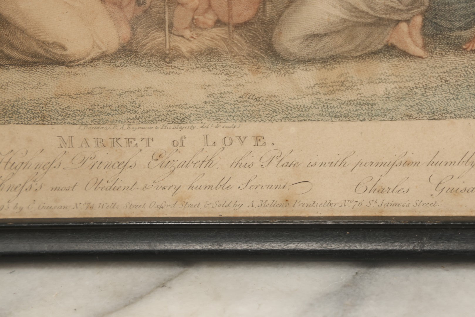 Lot 079 - Antique Stipple Engraving, Titled "Market Of Love" With Goddesses Fawning Over Cherubs, By Francesco Bartolozzi, Inscribed "To Her Royal Highness Princess Elizabeth" By Charles Guisan, Sold By A. Molteno, Printseller, Dated 1795, In Frame