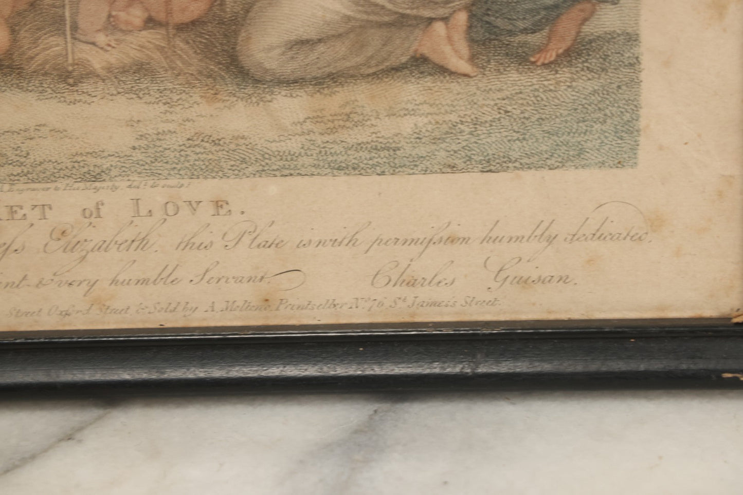 Lot 079 - Antique Stipple Engraving, Titled "Market Of Love" With Goddesses Fawning Over Cherubs, By Francesco Bartolozzi, Inscribed "To Her Royal Highness Princess Elizabeth" By Charles Guisan, Sold By A. Molteno, Printseller, Dated 1795, In Frame