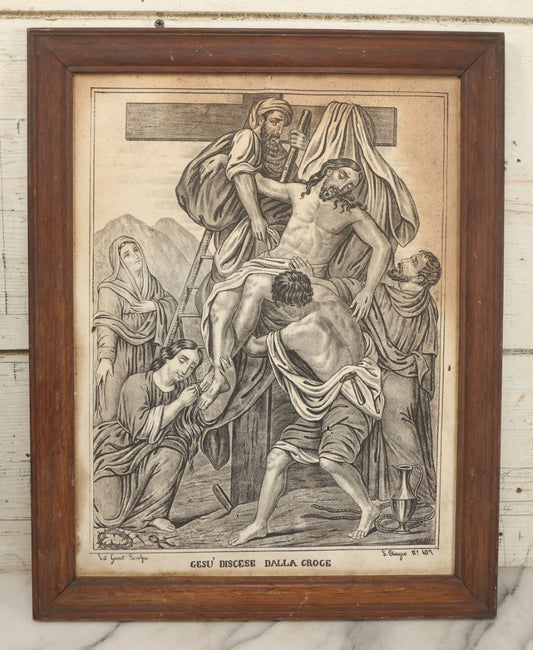 Lot 083 - Antique Christian Religious Lithograph Print, “Gesù Discese Dalla Croce” ("Jesus Is Taken Down From The Cross"), Italian, In Frame, Note No Glass In Frame, Overall Dimensions 15-3/4" x 19-3/4"