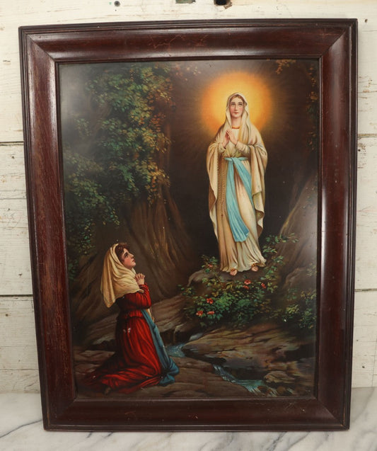 Lot 084 - Antique Christian Religious Tin Lithograph Print, Our Lady Of Lourdes, Virgin Mary Apparition, In Frame, Overall Dimensions 22" x 28"