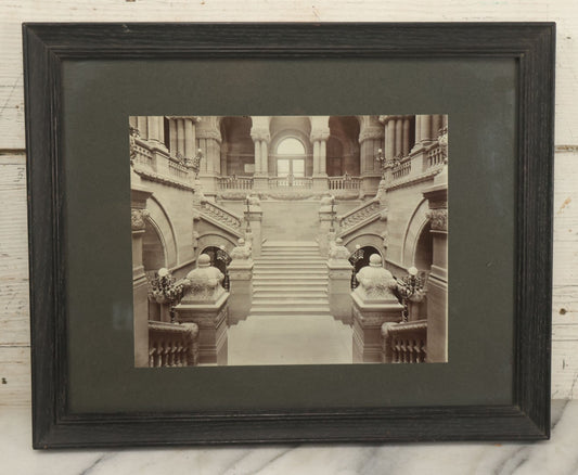 Lot 089 - Antique Framed Boarded Photo Of The New York State Capitol Building Interior, Great Western Staircase A.K.A. "Million Dollar Staircase", Albany, New York, Circa 1899 (View A - From Front), Overall Dimensions 15-5/8" x 12-5/8"