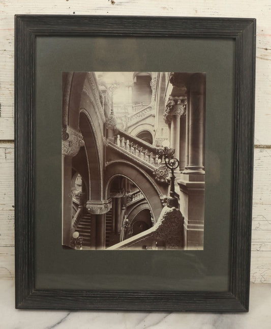 Lot 090 - Antique Framed Boarded Photo Of The New York State Capitol Building Interior, Great Western Staircase A.K.A. "Million Dollar Staircase", Albany, New York, Circa 1899 (View B - From Side, Below), Overall Dimensions 12-5/8" x 15-5/8"