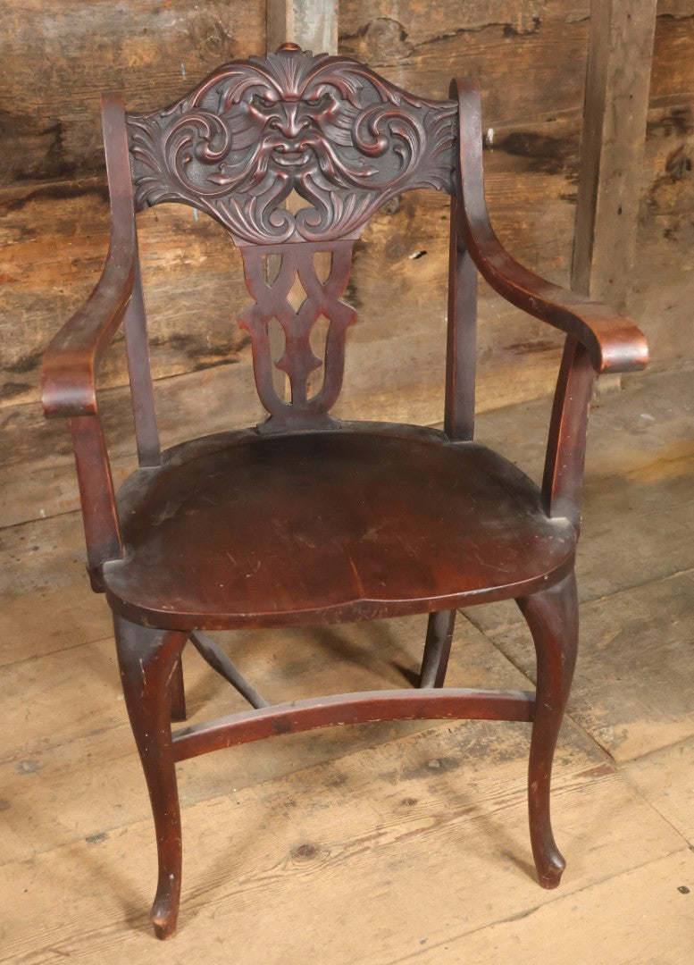 Antique Wooden Arm Chair With Green Man Face Motif, Dark Stain