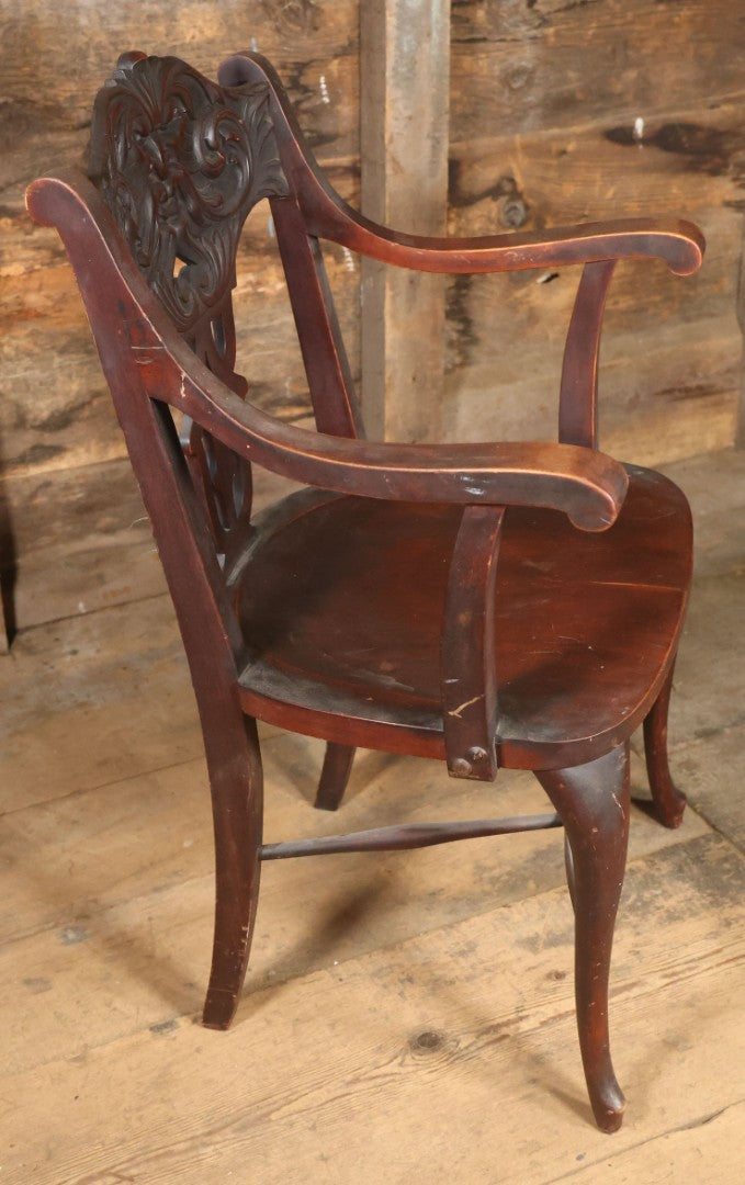 Antique Wooden Arm Chair With Green Man Face Motif, Dark Stain