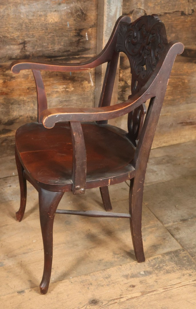 Antique Wooden Arm Chair With Green Man Face Motif, Dark Stain