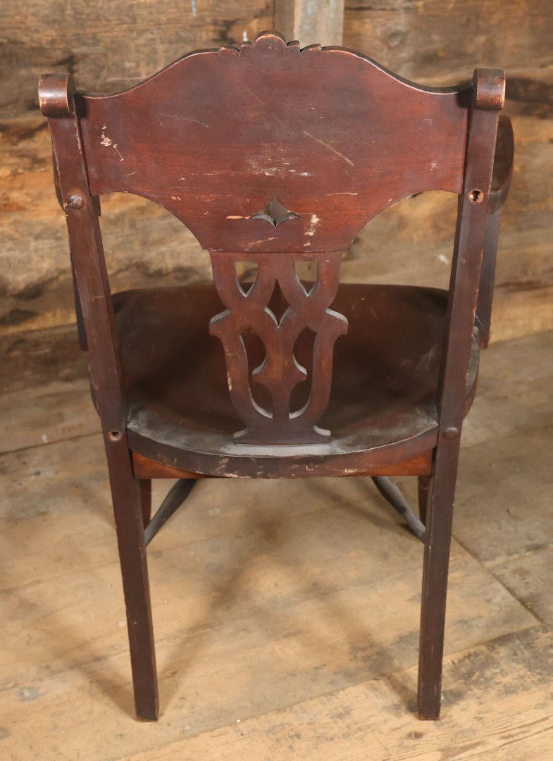 Antique Wooden Arm Chair With Green Man Face Motif, Dark Stain