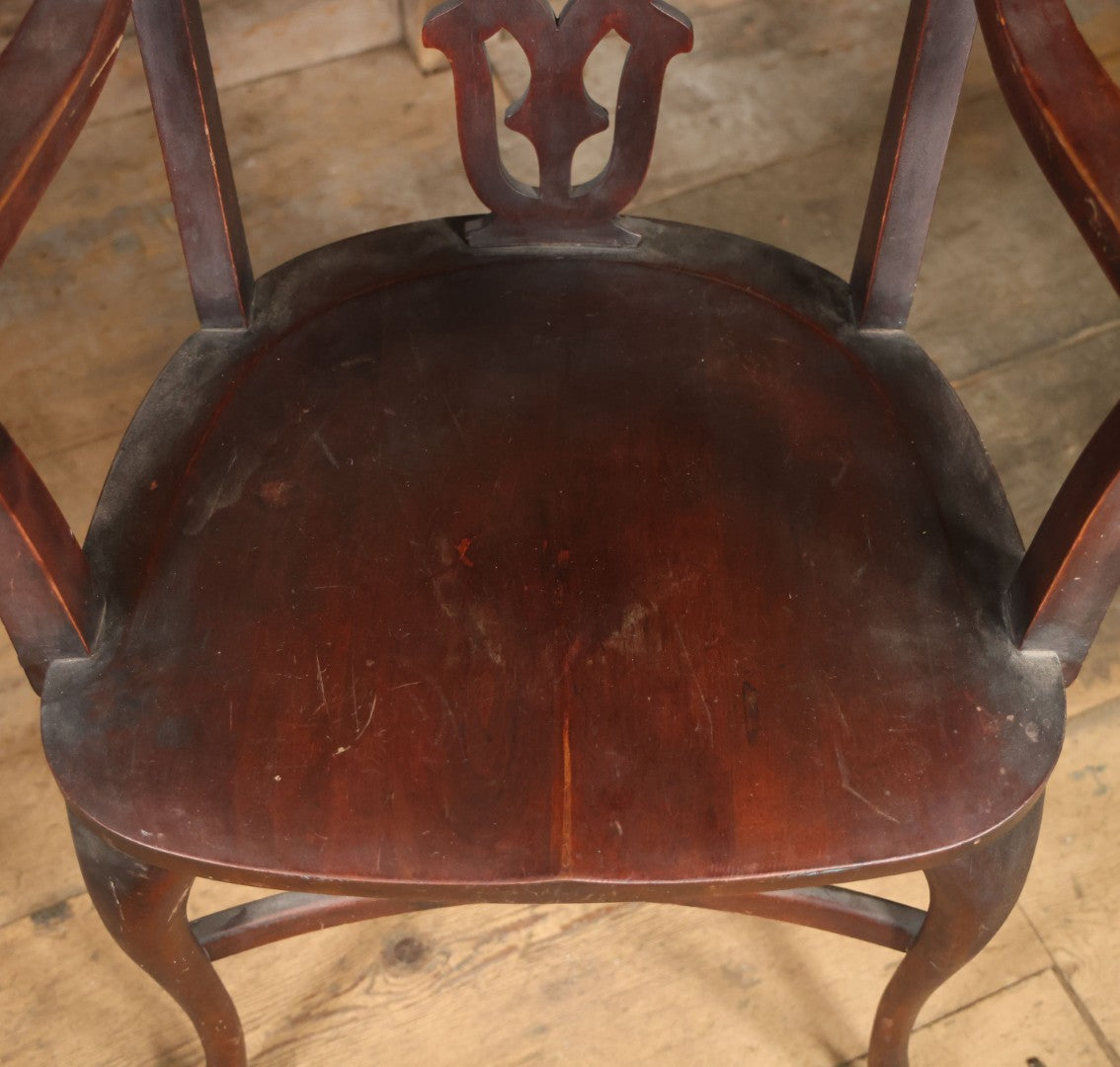 Antique Wooden Arm Chair With Green Man Face Motif, Dark Stain