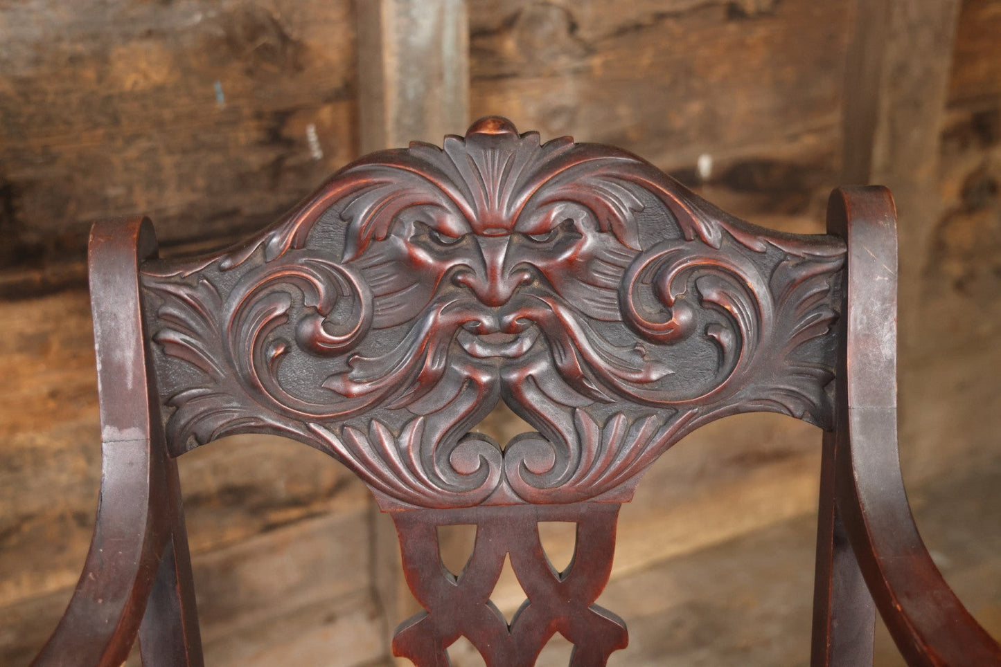 Antique Wooden Arm Chair With Green Man Face Motif, Dark Stain