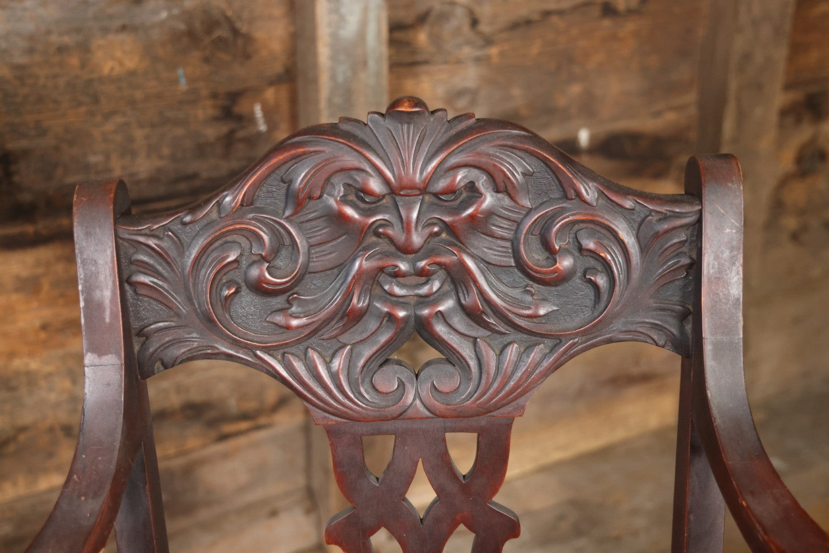 Antique Wooden Arm Chair With Green Man Face Motif, Dark Stain