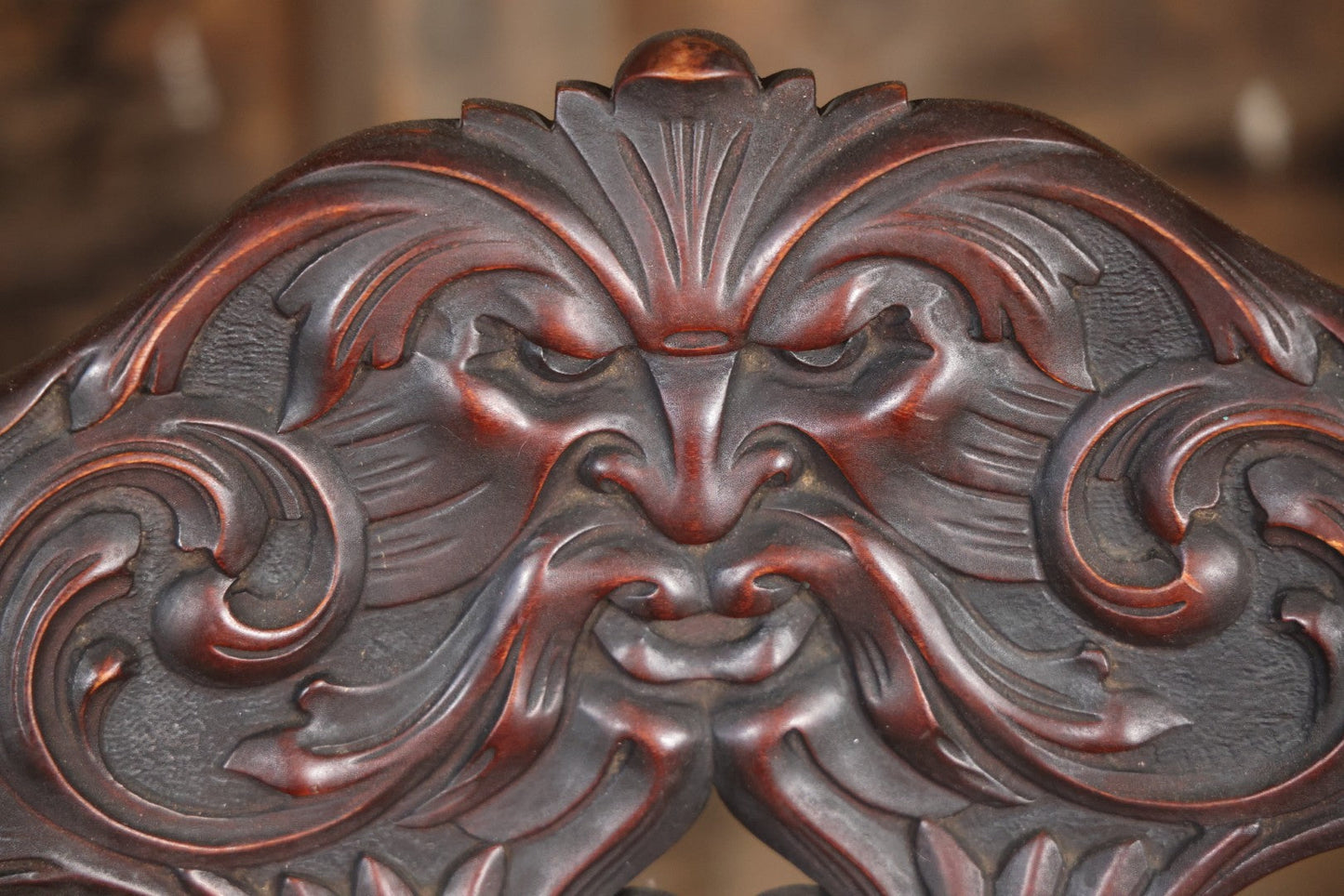 Antique Wooden Arm Chair With Green Man Face Motif, Dark Stain