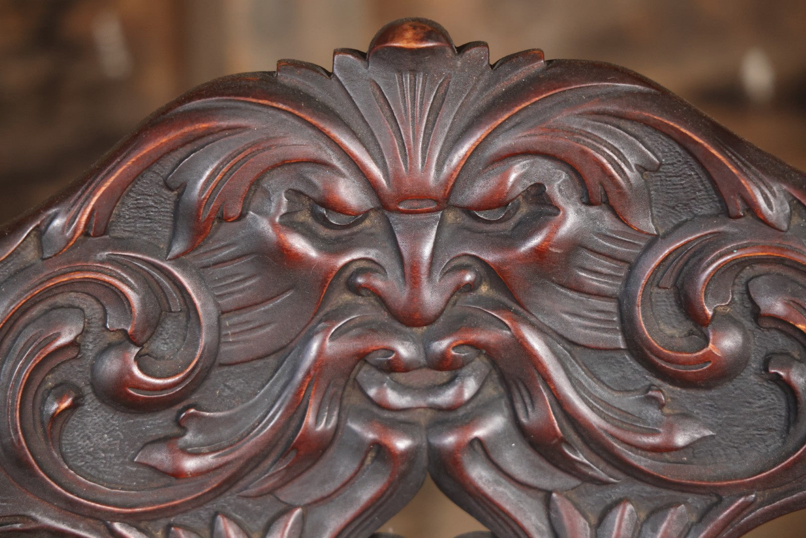 Antique Wooden Arm Chair With Green Man Face Motif, Dark Stain