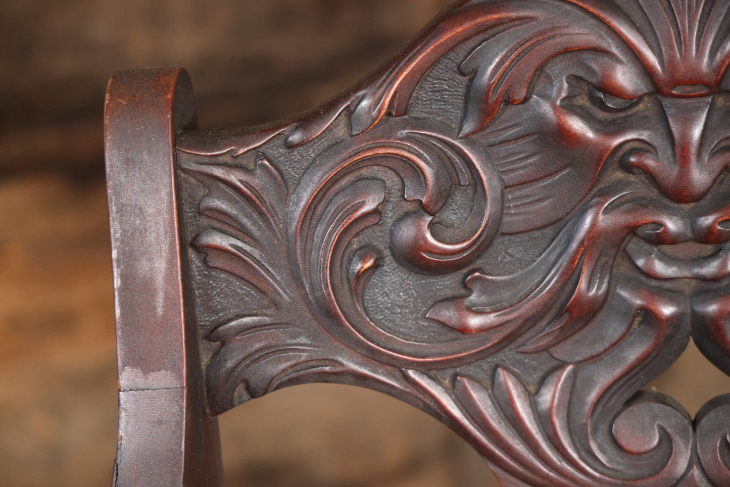 Antique Wooden Arm Chair With Green Man Face Motif, Dark Stain