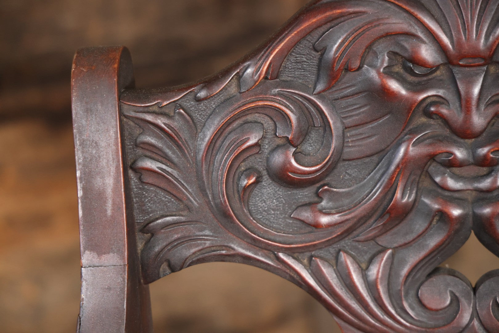 Antique Wooden Arm Chair With Green Man Face Motif, Dark Stain