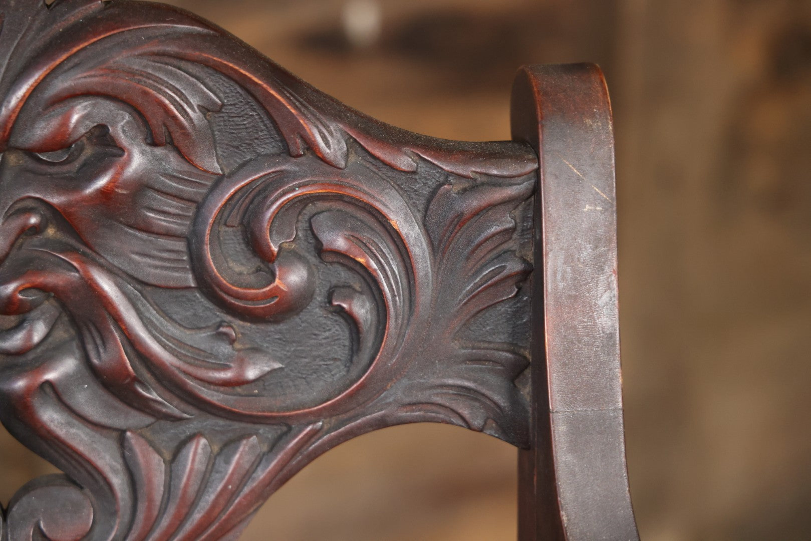 Antique Wooden Arm Chair With Green Man Face Motif, Dark Stain