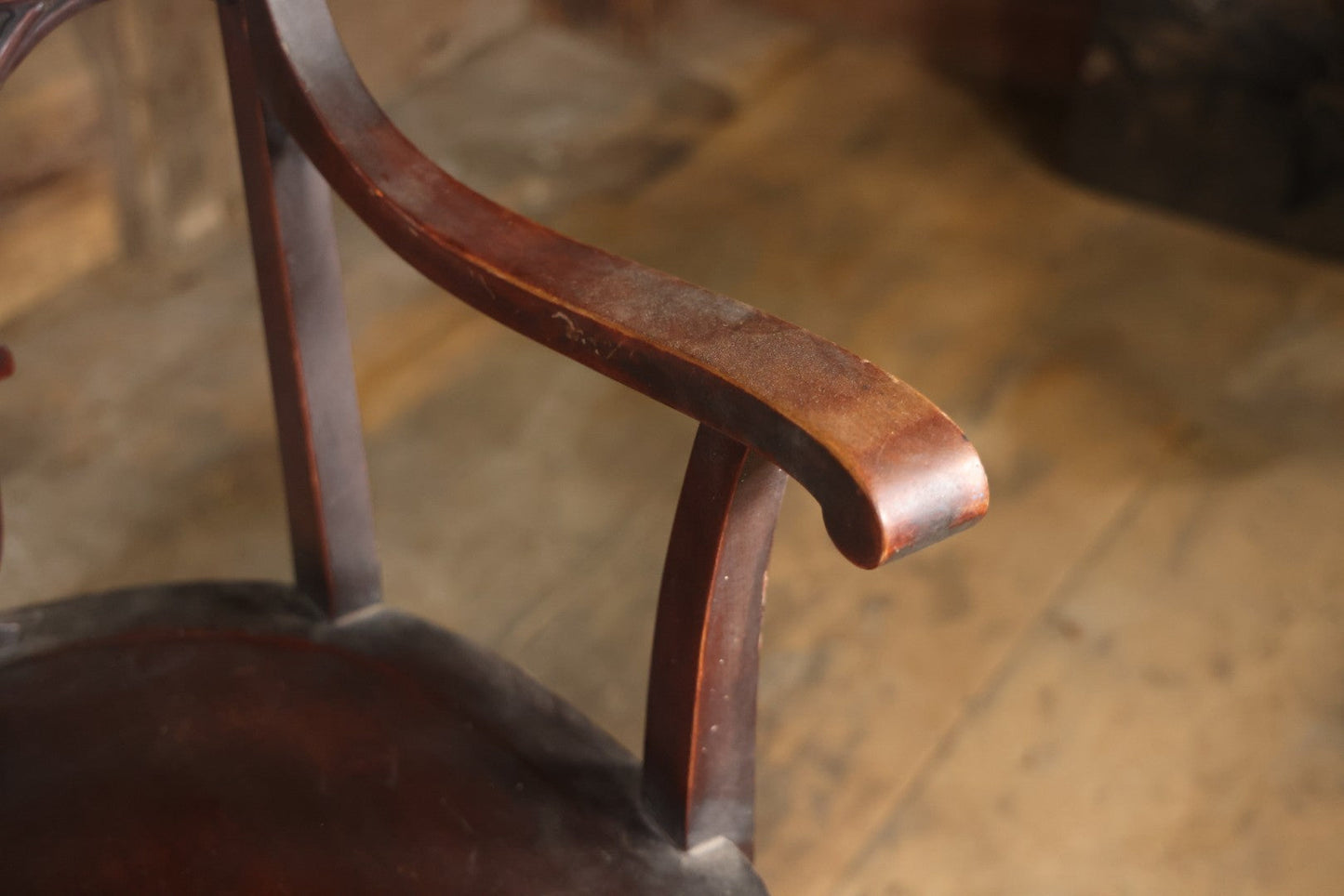 Antique Wooden Arm Chair With Green Man Face Motif, Dark Stain