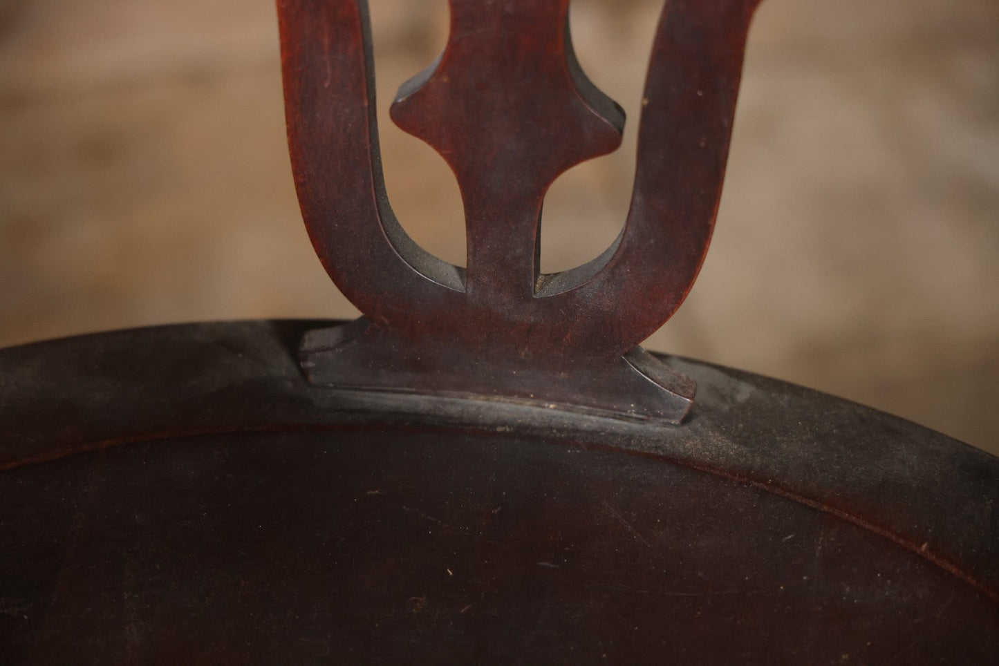 Antique Wooden Arm Chair With Green Man Face Motif, Dark Stain