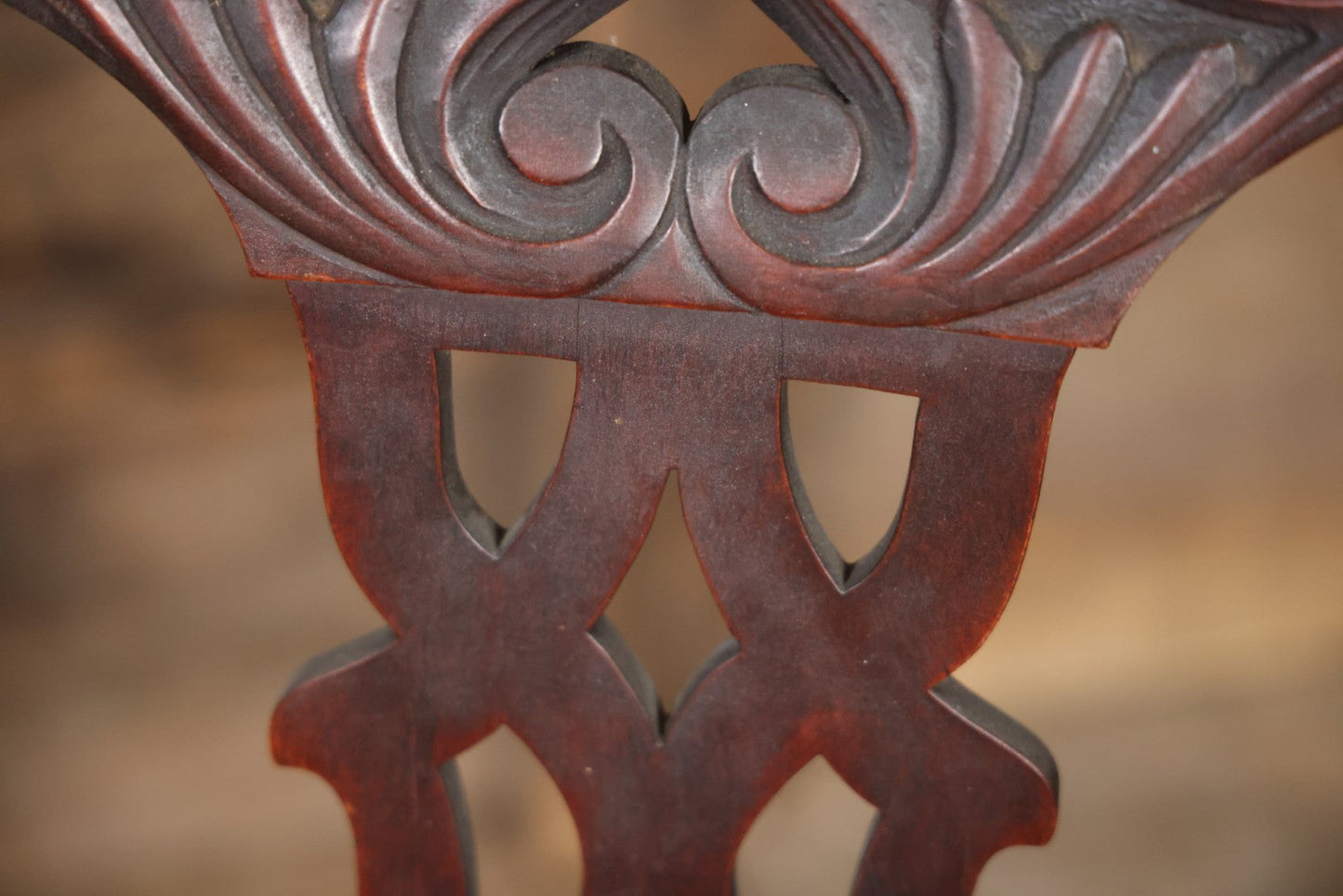 Antique Wooden Arm Chair With Green Man Face Motif, Dark Stain