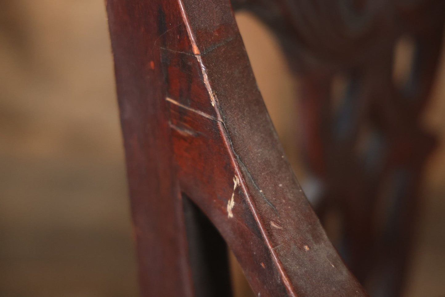 Antique Wooden Arm Chair With Green Man Face Motif, Dark Stain