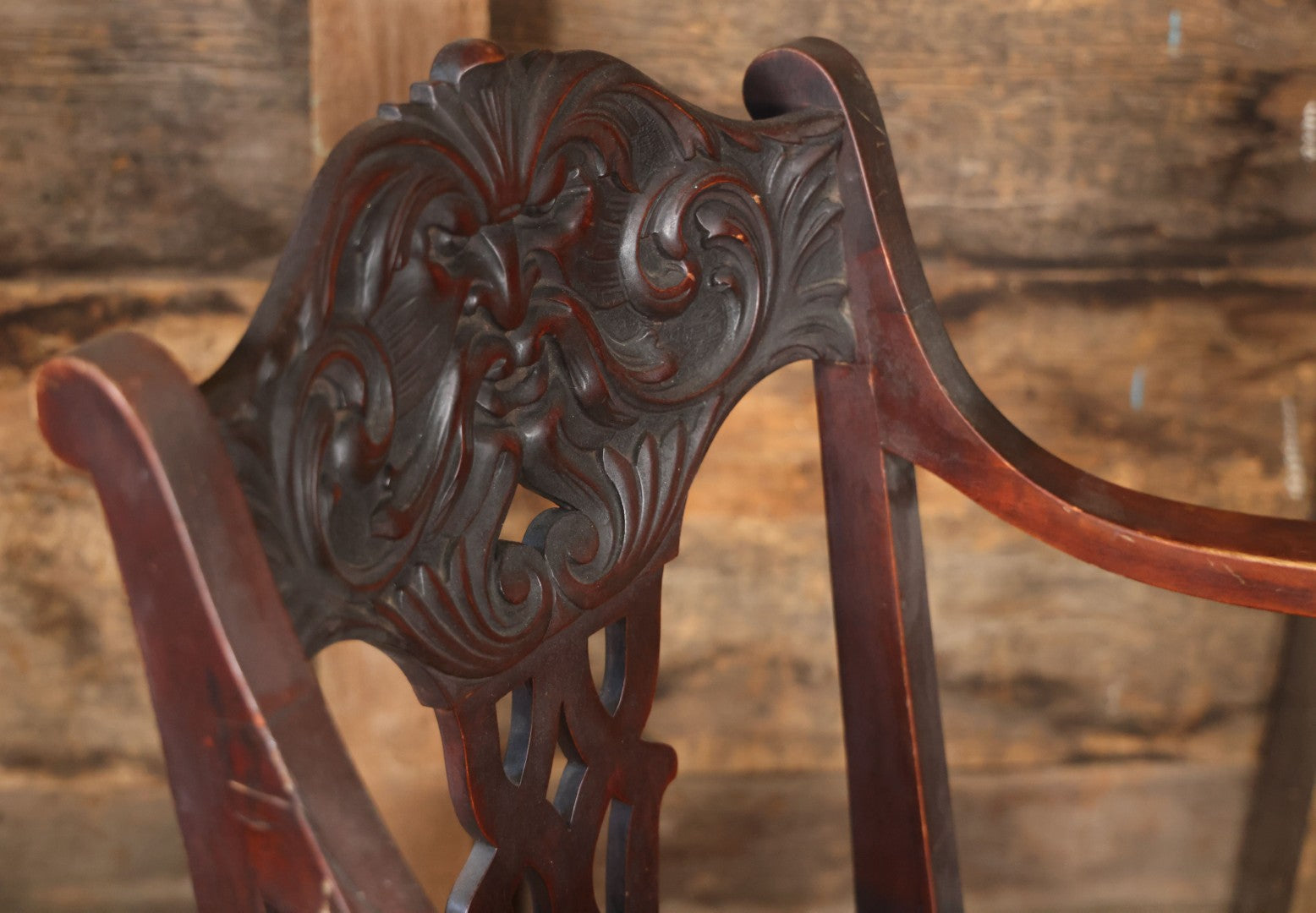 Antique Wooden Arm Chair With Green Man Face Motif, Dark Stain