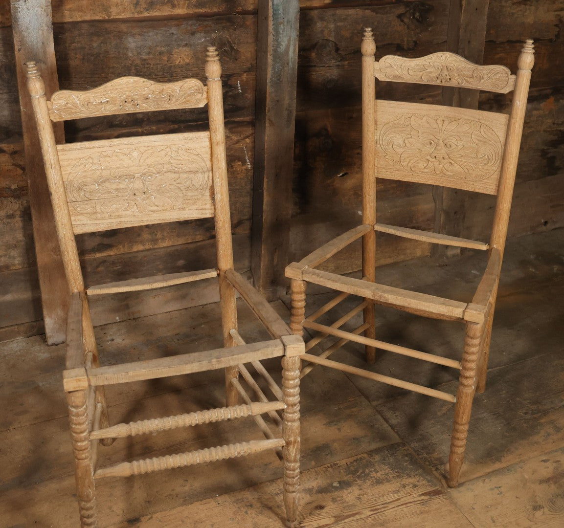 Pair Of Antique Wooden Dining Chairs With Green Man Face Motifs, Completely Stripped, Ready To Be Finished