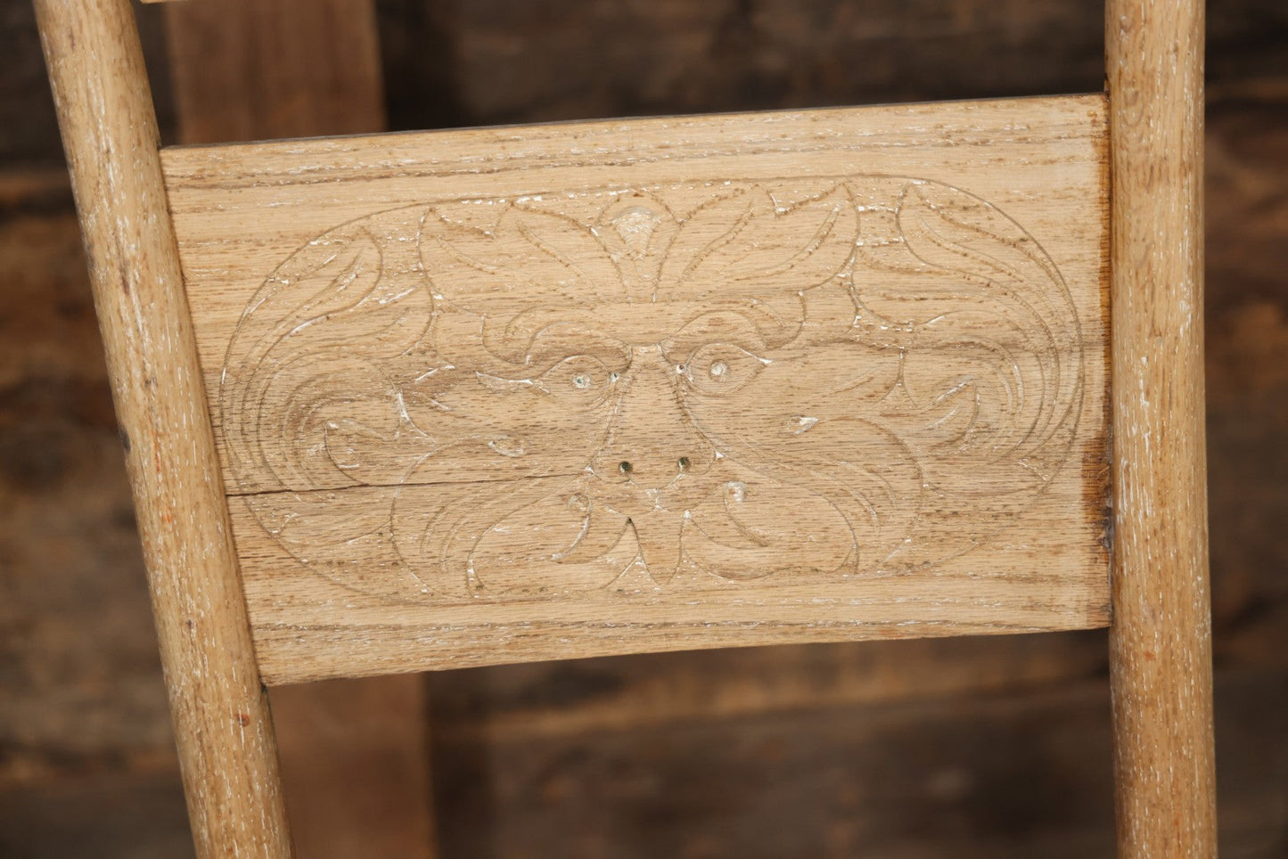 Pair Of Antique Wooden Dining Chairs With Green Man Face Motifs, Completely Stripped, Ready To Be Finished