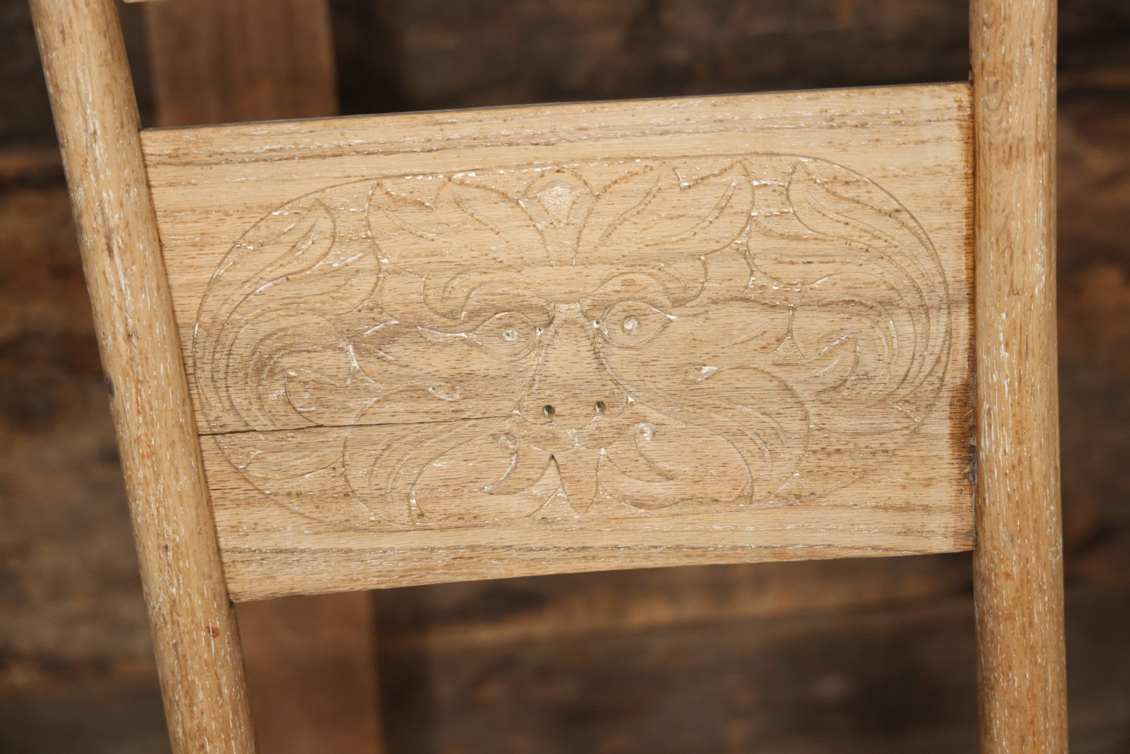 Pair Of Antique Wooden Dining Chairs With Green Man Face Motifs, Completely Stripped, Ready To Be Finished