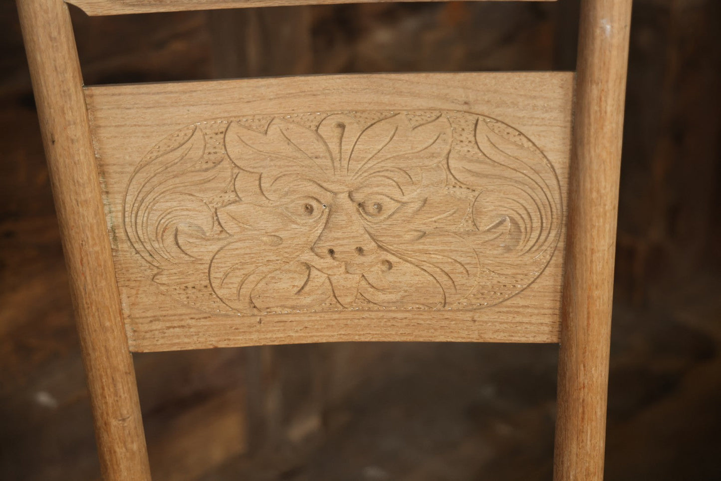 Pair Of Antique Wooden Dining Chairs With Green Man Face Motifs, Completely Stripped, Ready To Be Finished