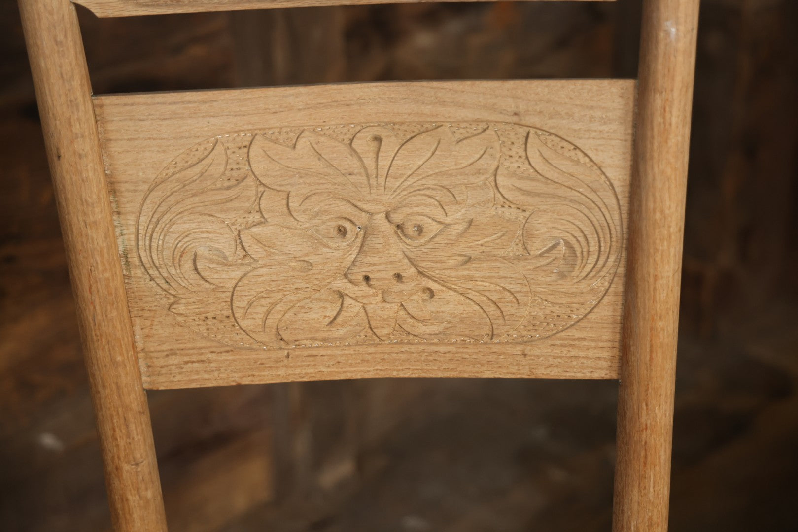 Pair Of Antique Wooden Dining Chairs With Green Man Face Motifs, Completely Stripped, Ready To Be Finished