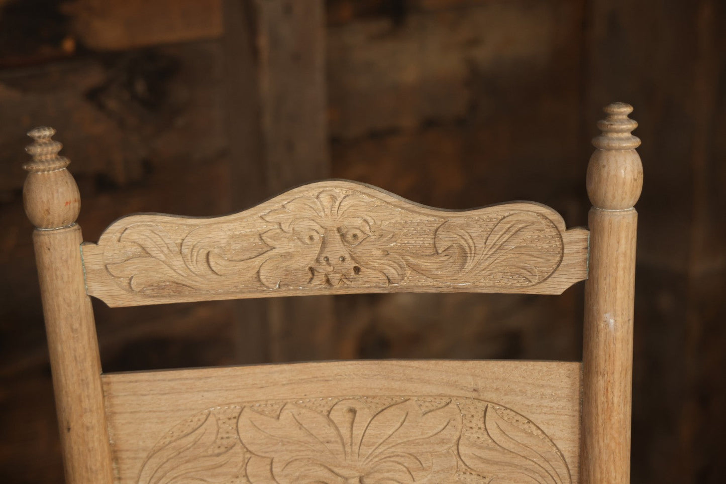 Pair Of Antique Wooden Dining Chairs With Green Man Face Motifs, Completely Stripped, Ready To Be Finished