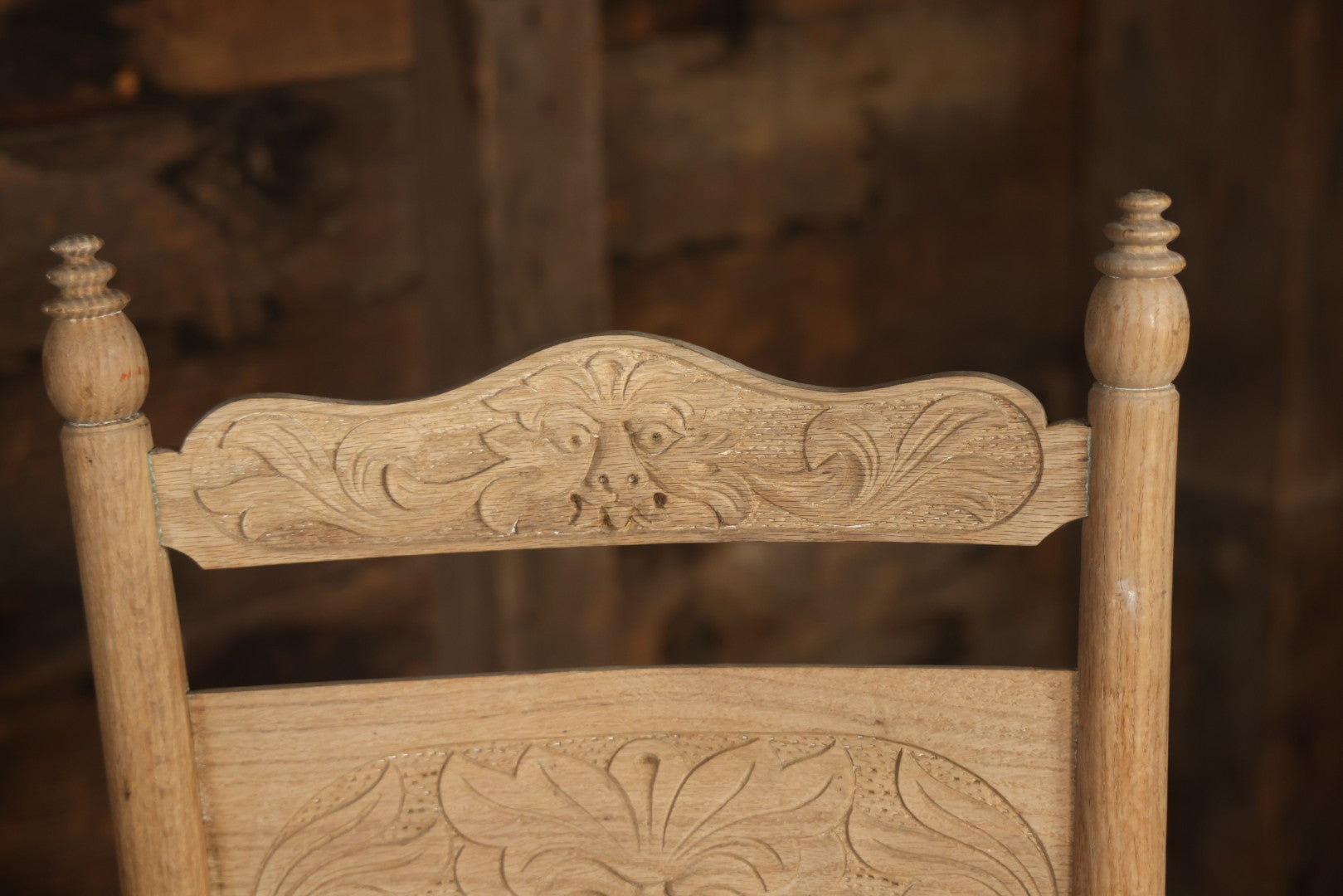 Pair Of Antique Wooden Dining Chairs With Green Man Face Motifs, Completely Stripped, Ready To Be Finished