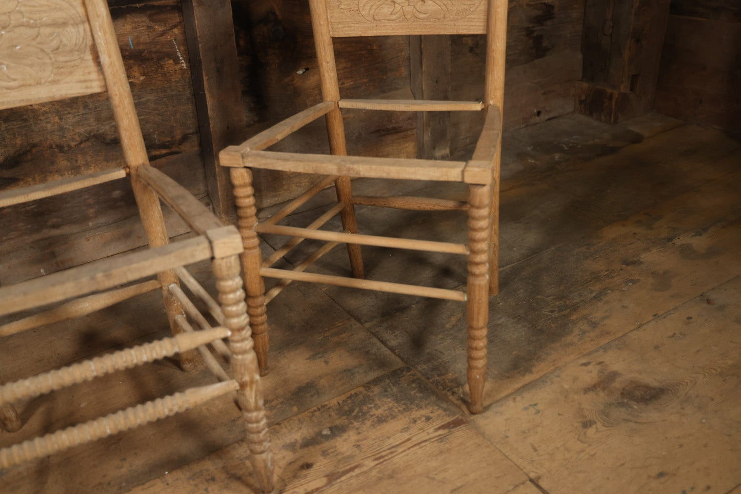 Pair Of Antique Wooden Dining Chairs With Green Man Face Motifs, Completely Stripped, Ready To Be Finished