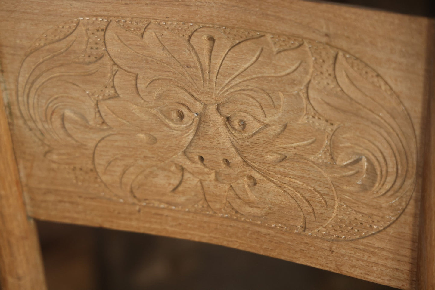 Pair Of Antique Wooden Dining Chairs With Green Man Face Motifs, Completely Stripped, Ready To Be Finished
